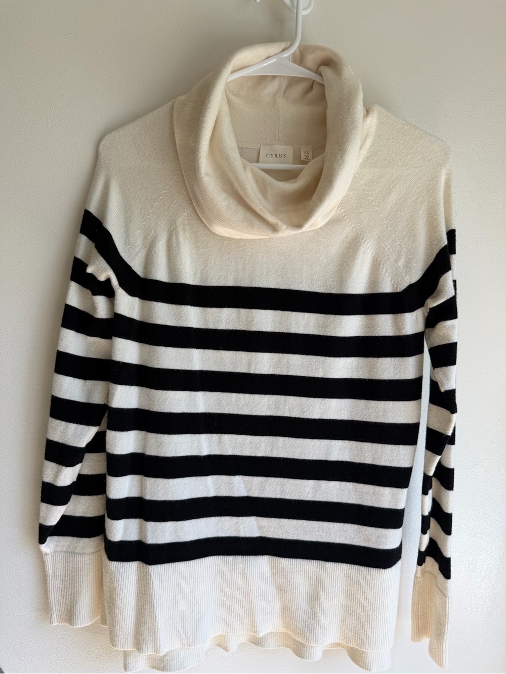 Cyrus Cream and Black Striped Cowl Neck Sweater